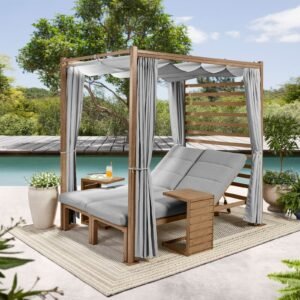 Marlow Pergola with Retractable Curtains and Faux Wood Finish, Grey
