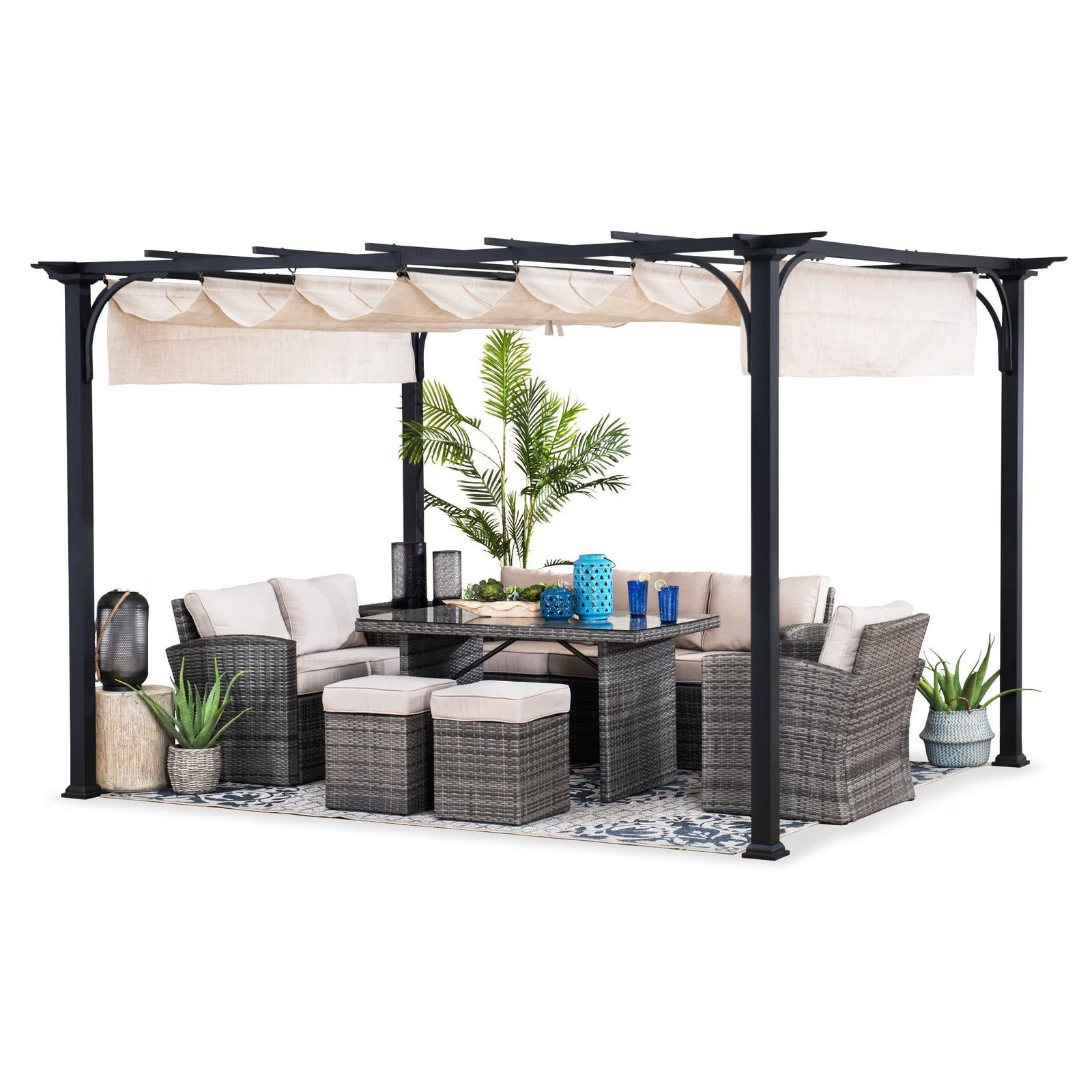 Outdoor Pergola 9 x 12 ft. Patio Black Steel Frame Pergola with Retractable Beige Canopy Shade for Backyard, Garden Activities - Image 2