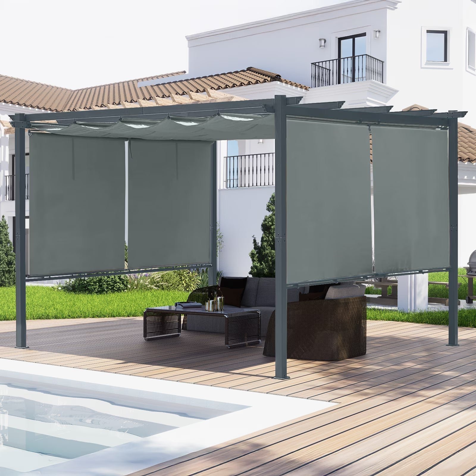 12×12 FT Waterproof Pergola with Retractable Canopy, Dark Gray Aluminum Frame, Roller Shade Curtain for Patio - Image 3