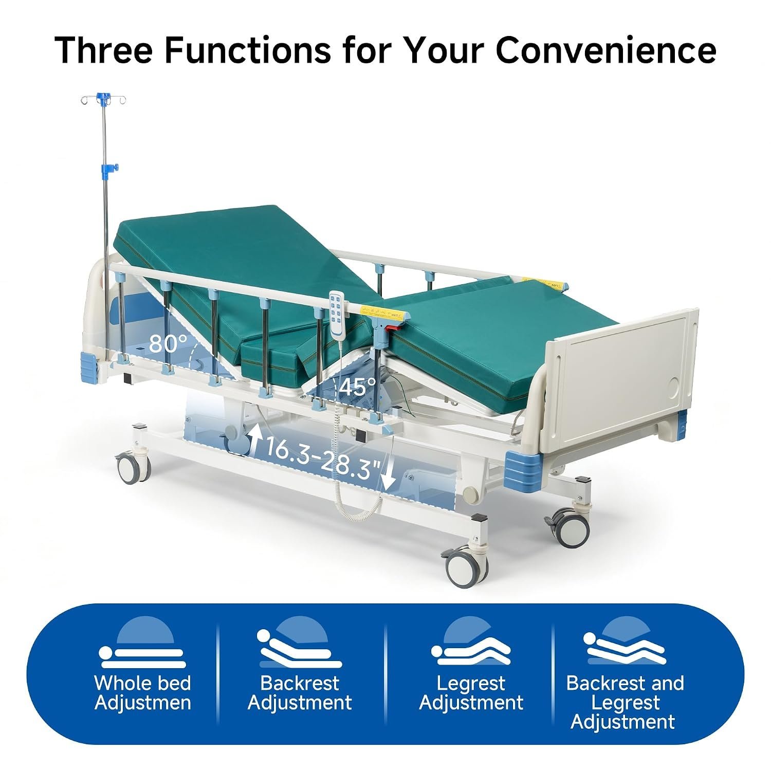 Real Relax Premium 3 Function Full Electric Hospital Bed (with Mattress & IV Pole), Premium Medical Hospital Beds, with Locking Casters, Motor, 530LBS Loading, Includes Sheets (2X) - Image 2