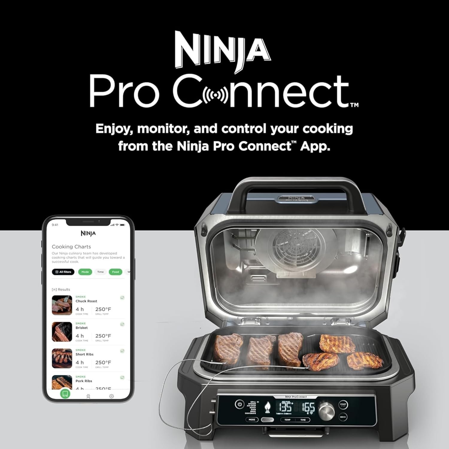 Ninja Woodfire Pro Connect XL Outdoor Grill & Smoker | Bluetooth, App Enabled | 7-in-1 Grill, BBQ Smoker, Outdoor Air Fryer | Woodfire Technology | Built-In Thermometer | Green & Gold | OG951GN2 - Image 3