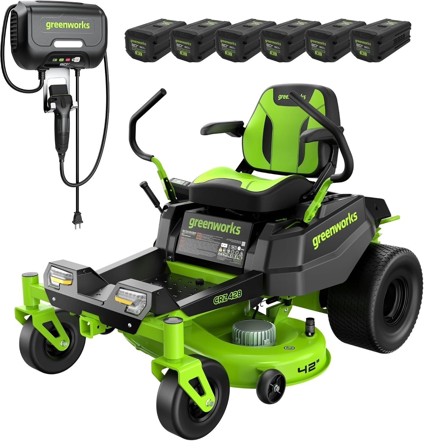 Greenworks 80V 42″ CrossoverZ Zero Turn Riding Lawn Mower, (6) 6.0Ah Batteries and 600W Charger