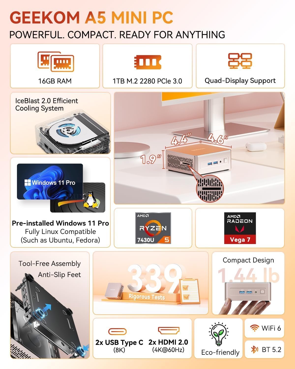 GEEKOM A5 Mini PC, AMD Ryzen 5 7430U, Home Office Desktop Computer | 16GB RAM (Upgradable), 1TB NVMe SSD, Windows 11 Pro, Media Server, 8K, Wi-Fi 6, USB 3.2, SD Slot, 6 USB, 3-Year Coverage - Image 2