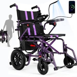 Electric Wheelchairs for Adults，Lightweight Foldable Wheelchair 15 Miles Long Travel Range, 360° Joystick Control Motorized Wheelchair, Support 286 lbs with LED Light Power Wheelchair (Purple)