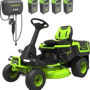 Greenworks 60V 30′ Riding Lawn Mower (1.25 Acre, 16 HP Gas Equivalent, 6 MPH, Tow Up to 200 lbs.), (4) 8.0Ah Batteries (1,920 Wh Max) + Turbo Wall Charger