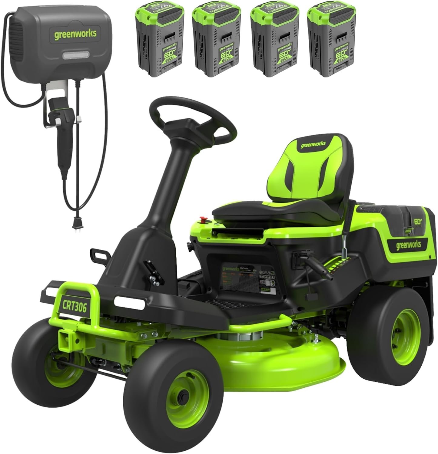 Greenworks 60V 30′ Riding Lawn Mower (1.25 Acre, 16 HP Gas Equivalent, 6 MPH, Tow Up to 200 lbs.), (4) 8.0Ah Batteries (1,920 Wh Max) + Turbo Wall Charger