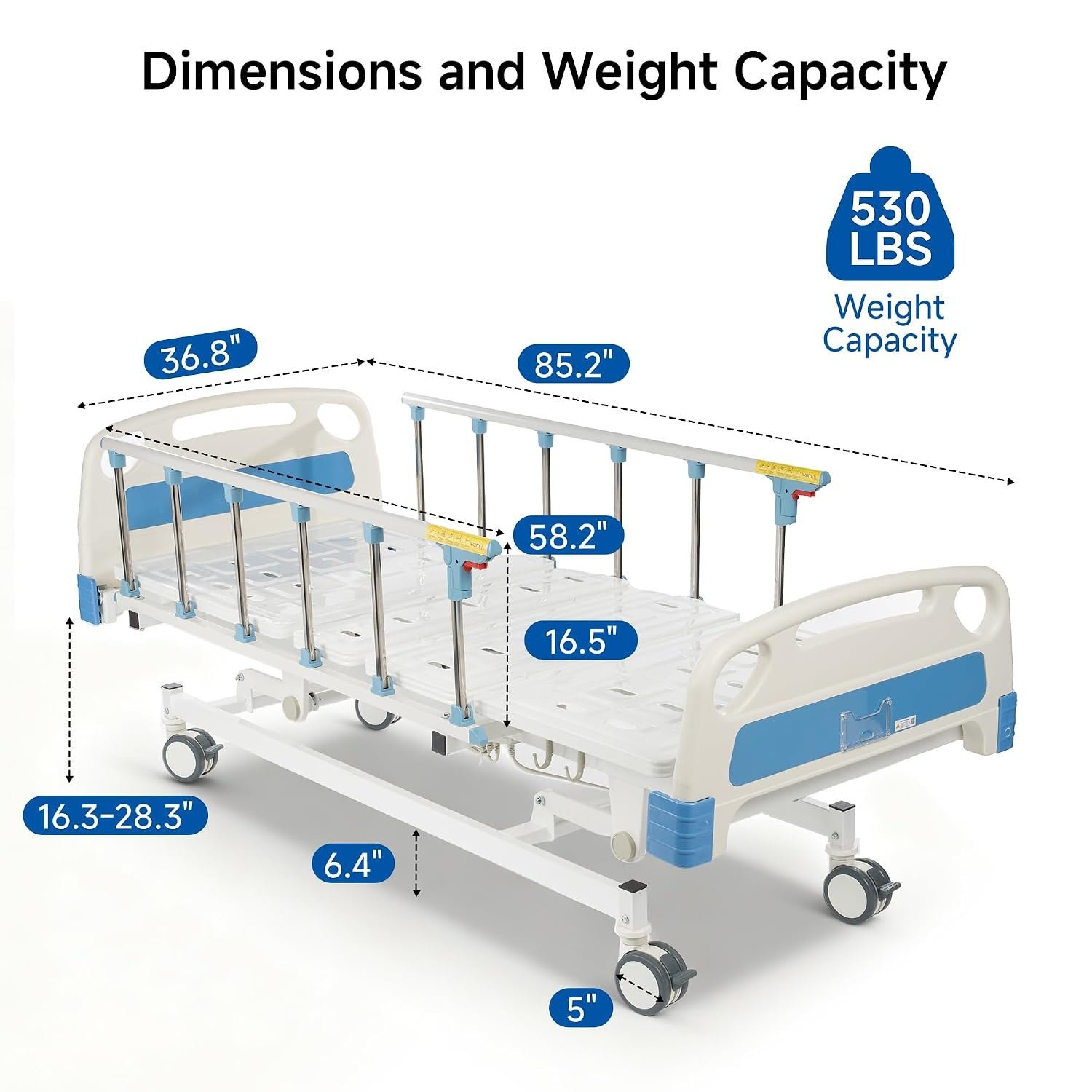 Real Relax Premium 3 Function Full Electric Hospital Bed (with Mattress & IV Pole), Premium Medical Hospital Beds, with Locking Casters, Motor, 530LBS Loading, Includes Sheets (2X) - Image 3