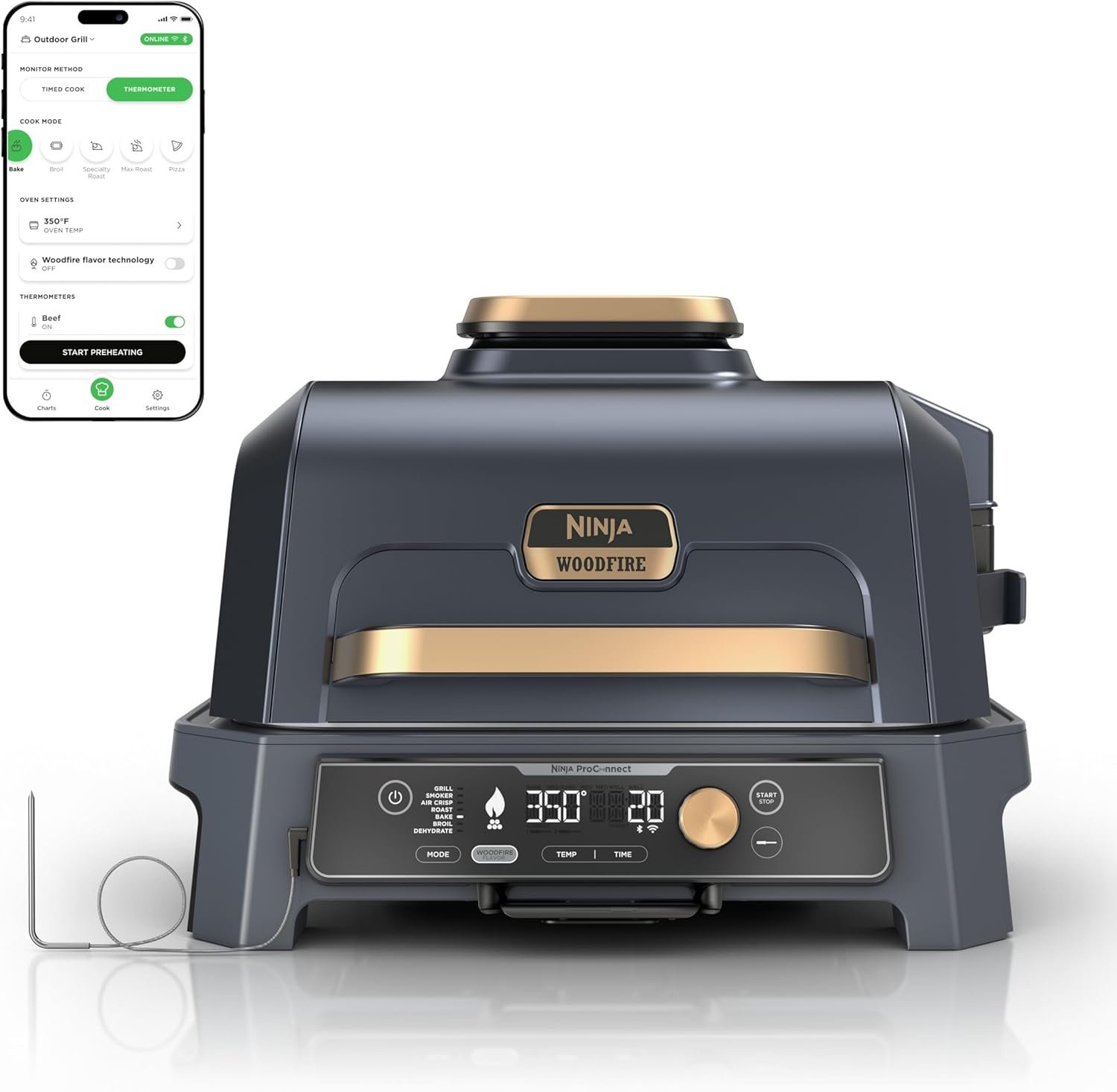 Ninja Woodfire Pro Connect XL Outdoor Grill & Smoker | Bluetooth, App Enabled | 7-in-1 Grill, BBQ Smoker, Outdoor Air Fryer | Woodfire Technology | Built-In Thermometer | Green & Gold | OG951GN2 - Image 11