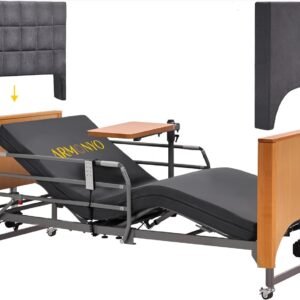 Electric Hospital Bed for Home Use – 5 Functions, Advanced German LIMOSS Motor, Ultra-Low 8.5″–25″ Adjustable Height, Double Solid Wood Panels with Medical Overbed Table & Foldable Rails