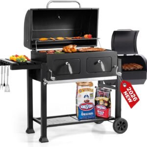30 Inch Barrel Charcoal Grill and Offset Smoker, 1015 sq. in. Cooking Area Outdoor BBQ Grill, Perfect for Outdoor Cooking Barbecue Patio Garden Backyard Party