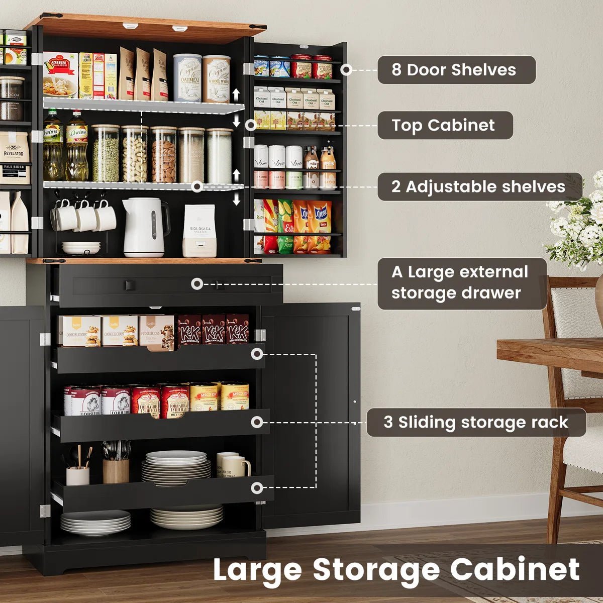 72″ Kitchen Pantry Storage Cabinet with 8 Hanging Shelves and 3 Sliding Drawers - Image 2