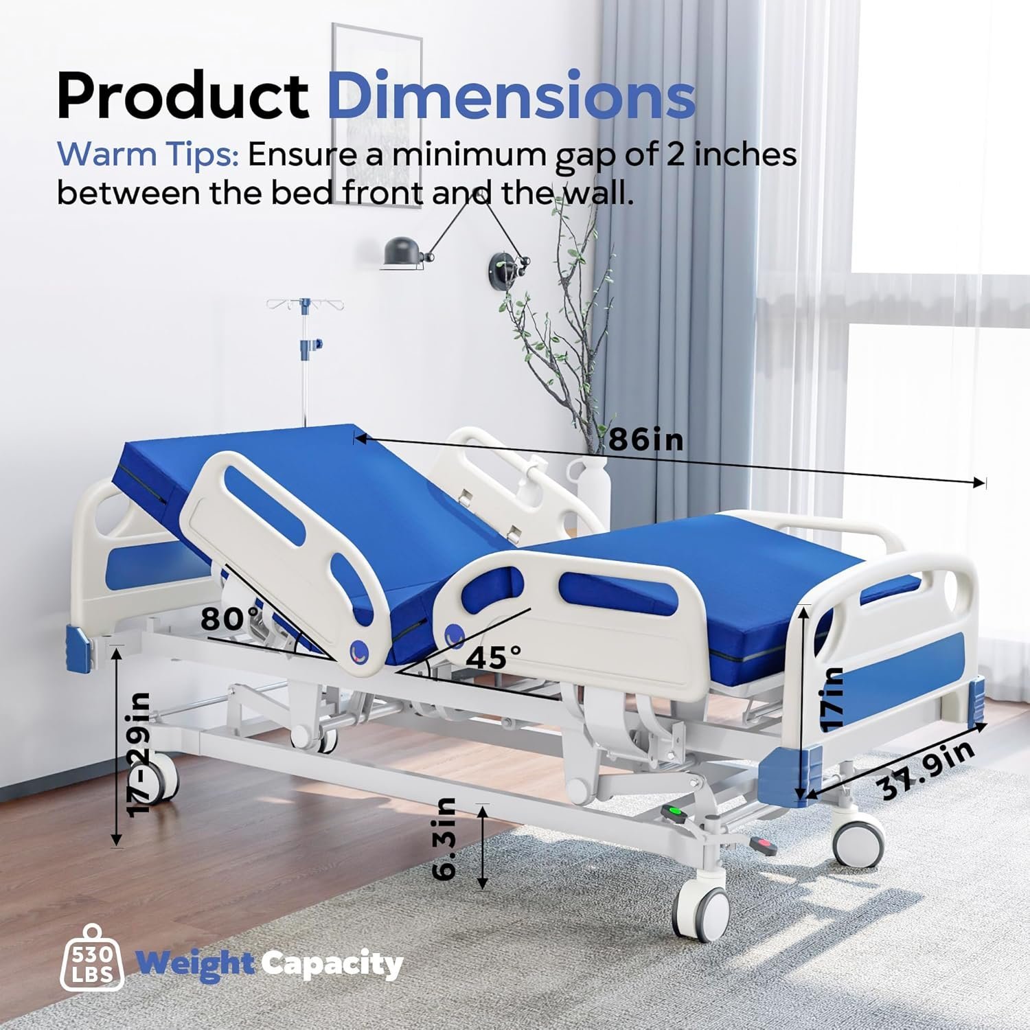 Premium Full Electric Hospital Bed for Home Use, 5 Function Medical Bed with 4.7” Foam Mattress, Height Adjustable, Central Locking System, Includes Sheets (2X) (5 Function) - Image 8