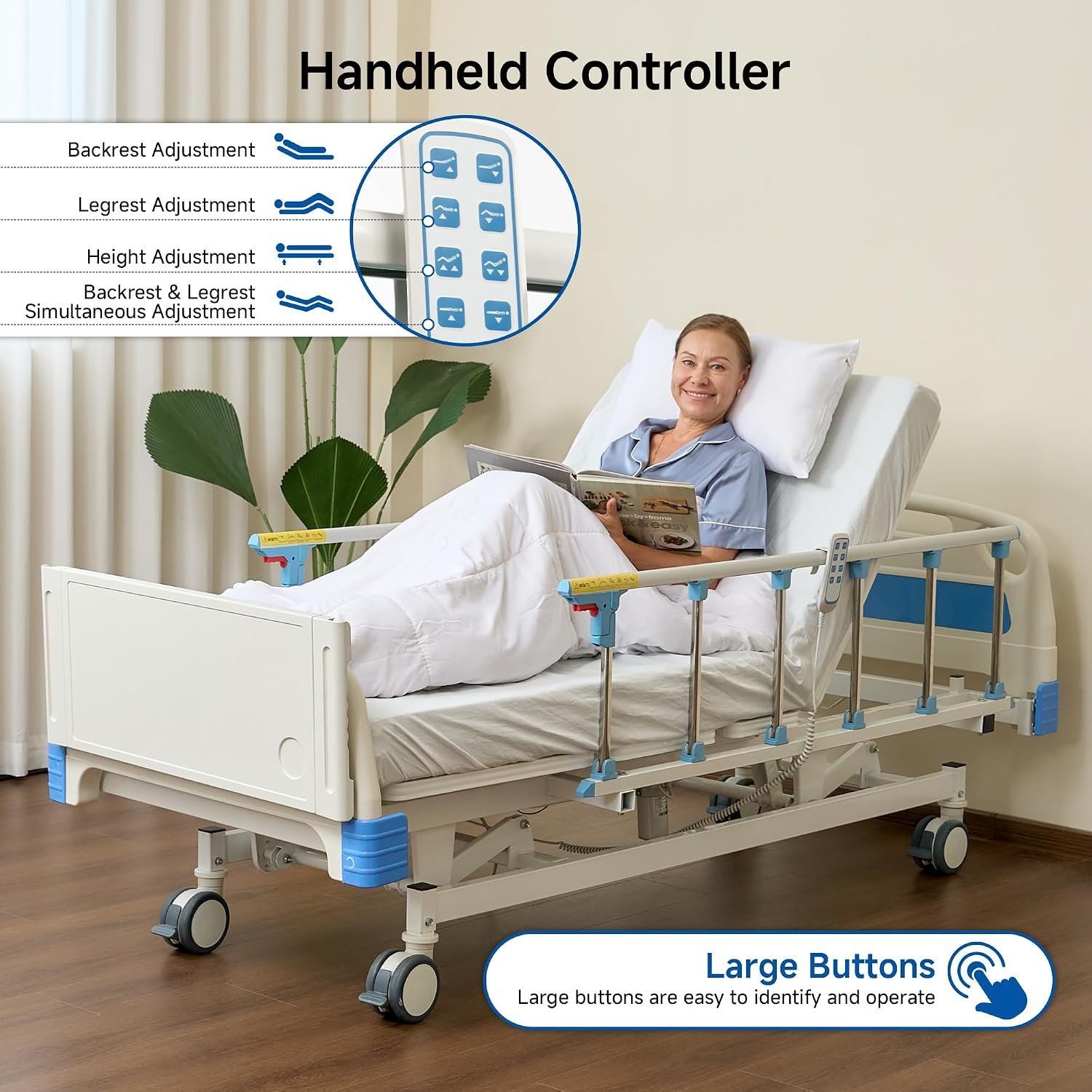 Real Relax Premium 3 Function Full Electric Hospital Bed (with Mattress & IV Pole), Premium Medical Hospital Beds, with Locking Casters, Motor, 530LBS Loading, Includes Sheets (2X) - Image 7