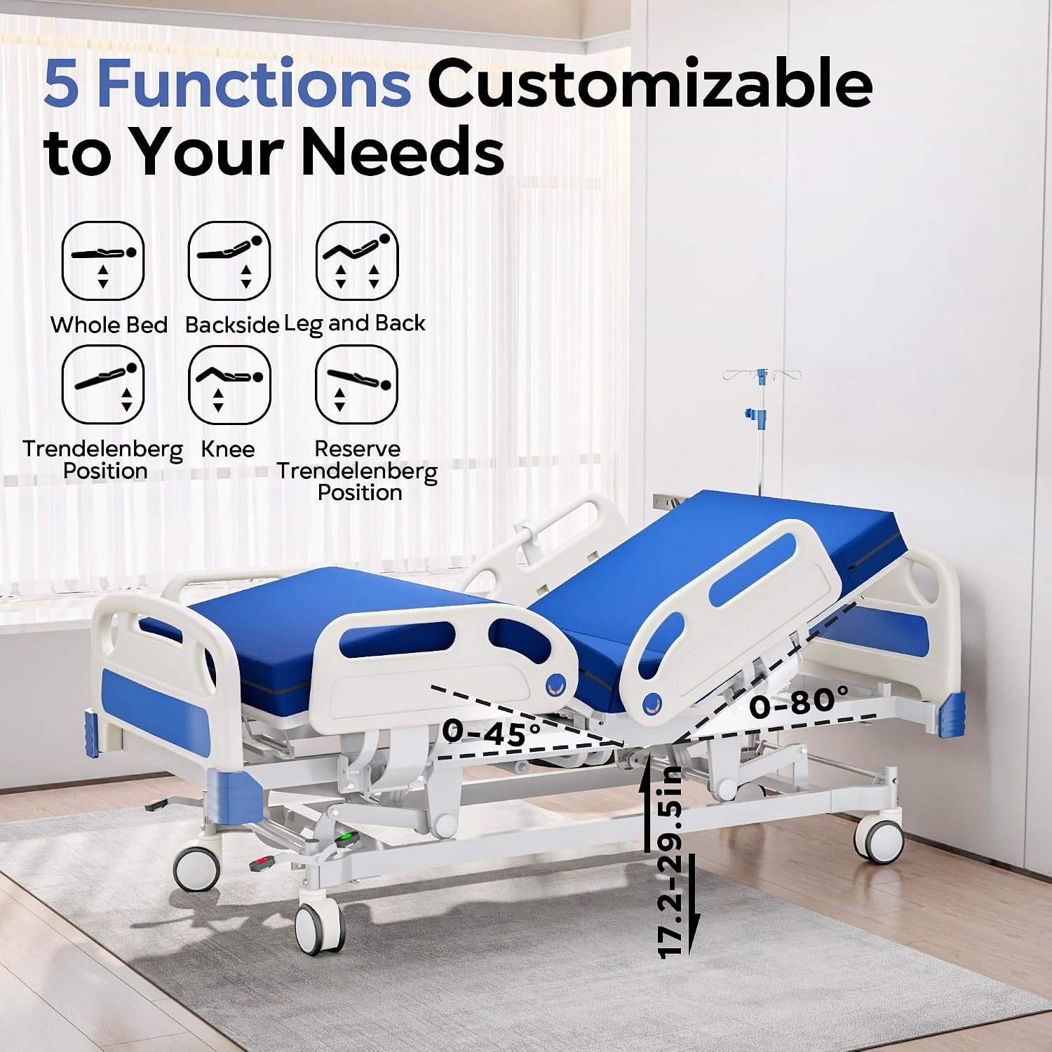 Premium Full Electric Hospital Bed for Home Use, 5 Function Medical Bed with 4.7” Foam Mattress, Height Adjustable, Central Locking System, Includes Sheets (2X) (5 Function) - Image 2