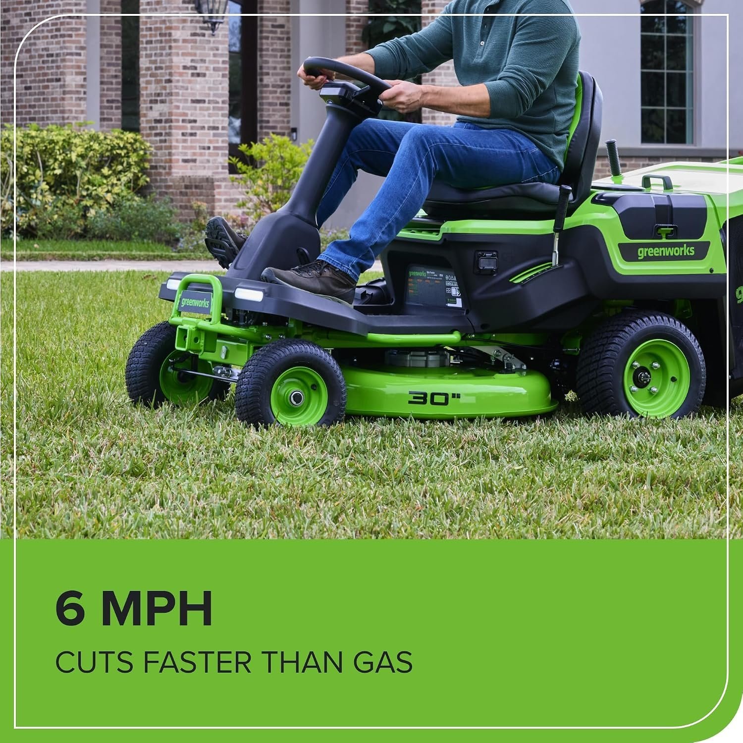 Greenworks 60V 30′ Riding Lawn Mower (1.25 Acre, 16 HP Gas Equivalent, 6 MPH, Tow Up to 200 lbs.), (4) 8.0Ah Batteries (1,920 Wh Max) + Turbo Wall Charger - Image 6