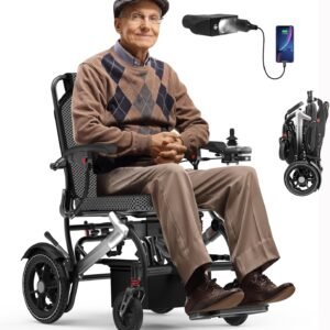Electric Wheelchairs for Adults Foldable 36LBS Lightweight Frame Airline Approval,15 Miles Range, Max Support 350 LBS, 500W Brushless Motors with LED Light-Silver Color