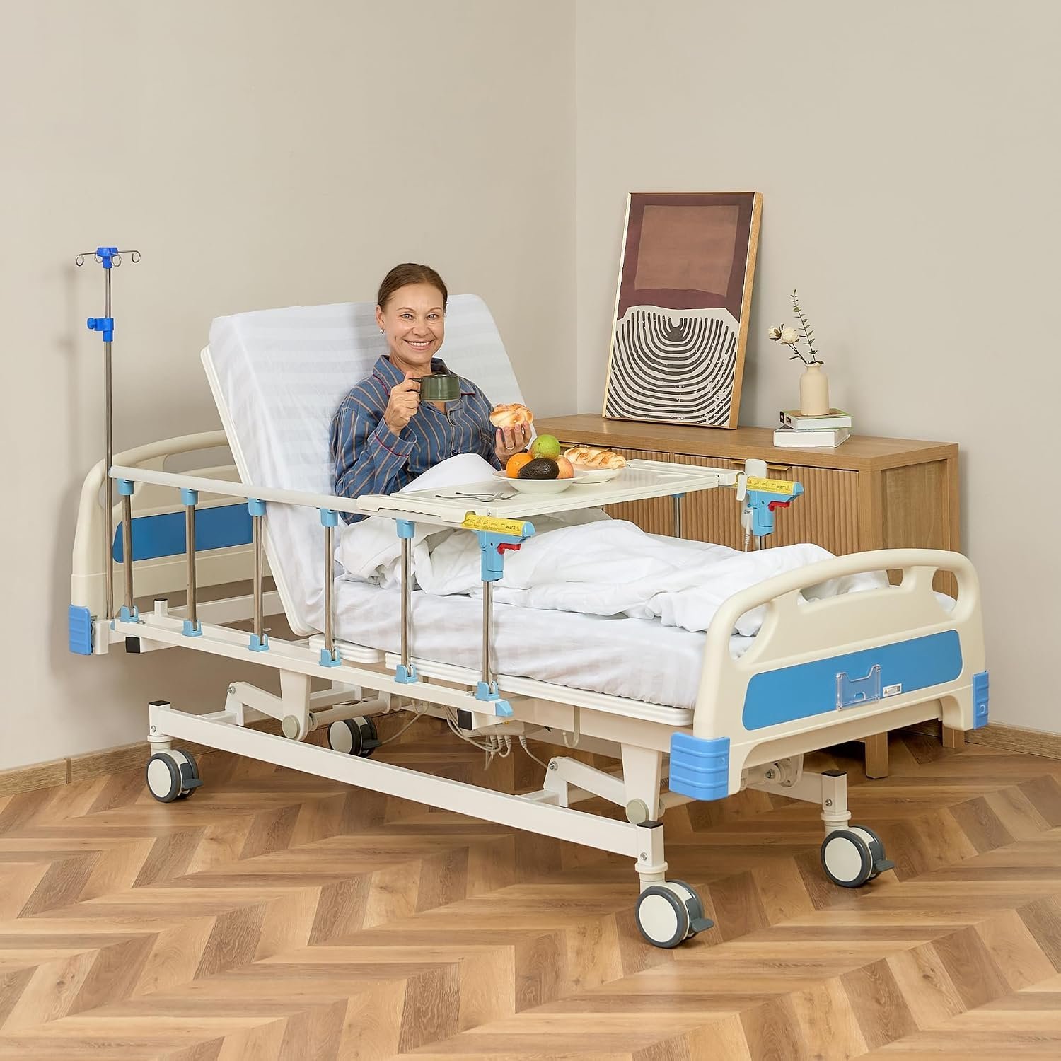 Real Relax Premium 3 Function Full Electric Hospital Bed (with Mattress & IV Pole), Premium Medical Hospital Beds, with Locking Casters, Motor, 530LBS Loading, Includes Sheets (2X) - Image 5