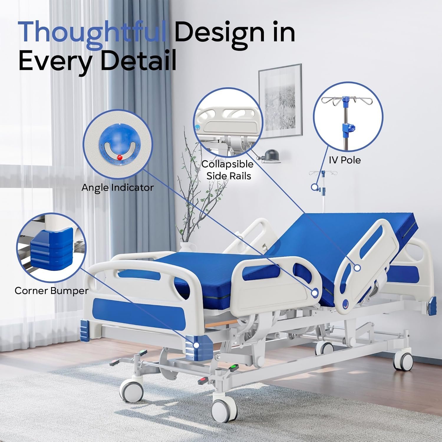 Premium Full Electric Hospital Bed for Home Use, 5 Function Medical Bed with 4.7” Foam Mattress, Height Adjustable, Central Locking System, Includes Sheets (2X) (5 Function) - Image 7