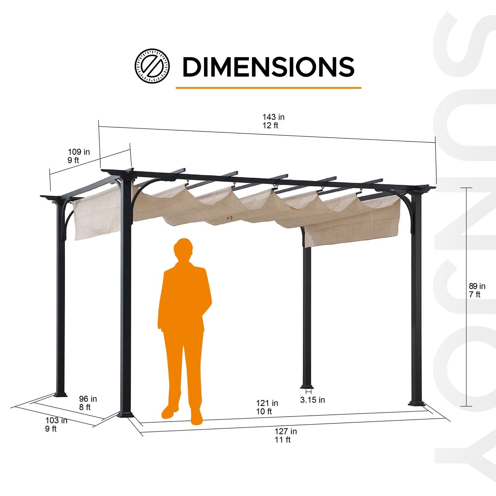 Outdoor Pergola 9 x 12 ft. Patio Black Steel Frame Pergola with Retractable Beige Canopy Shade for Backyard, Garden Activities - Image 3