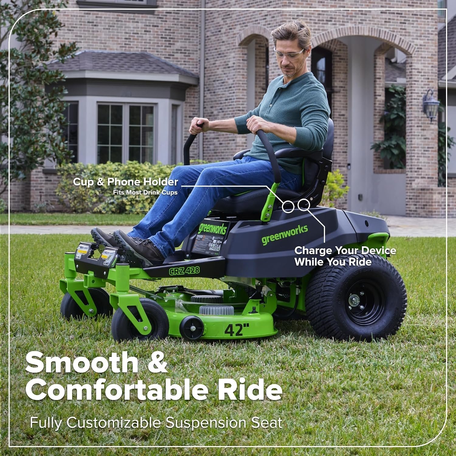 Greenworks 80V 42″ CrossoverZ Zero Turn Riding Lawn Mower, (6) 6.0Ah Batteries and 600W Charger - Image 11