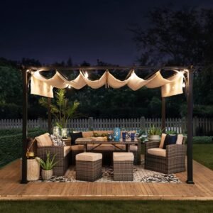 Outdoor Pergola 9 x 12 ft. Patio Black Steel Frame Pergola with Retractable Beige Canopy Shade for Backyard, Garden Activities