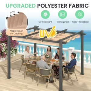 10′ X 12′ Outdoor Pergola With Retractable Canopy, Heavy-Duty Metal Frame And Adjustable Patio Shade Roof