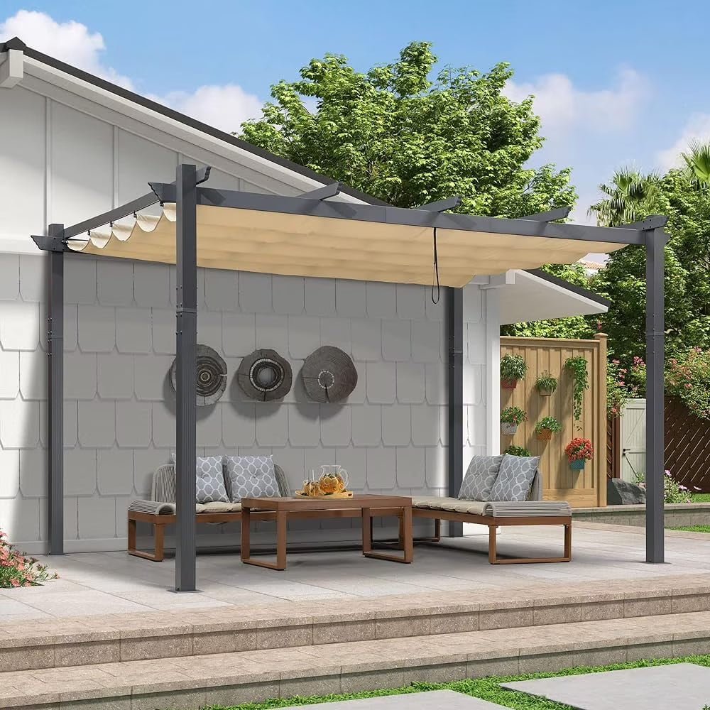 Pergola 9.5′ X 13′ Outdoor Retractable Pergola Against The Wall with Sun Shade Canopy Aluminum Patio Pergola for Porch Garden Yard - Image 4
