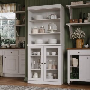 Solid Wood Tall Pantry Cabinet, 32″ W x 71.5″ H – Sage – Clear Glass