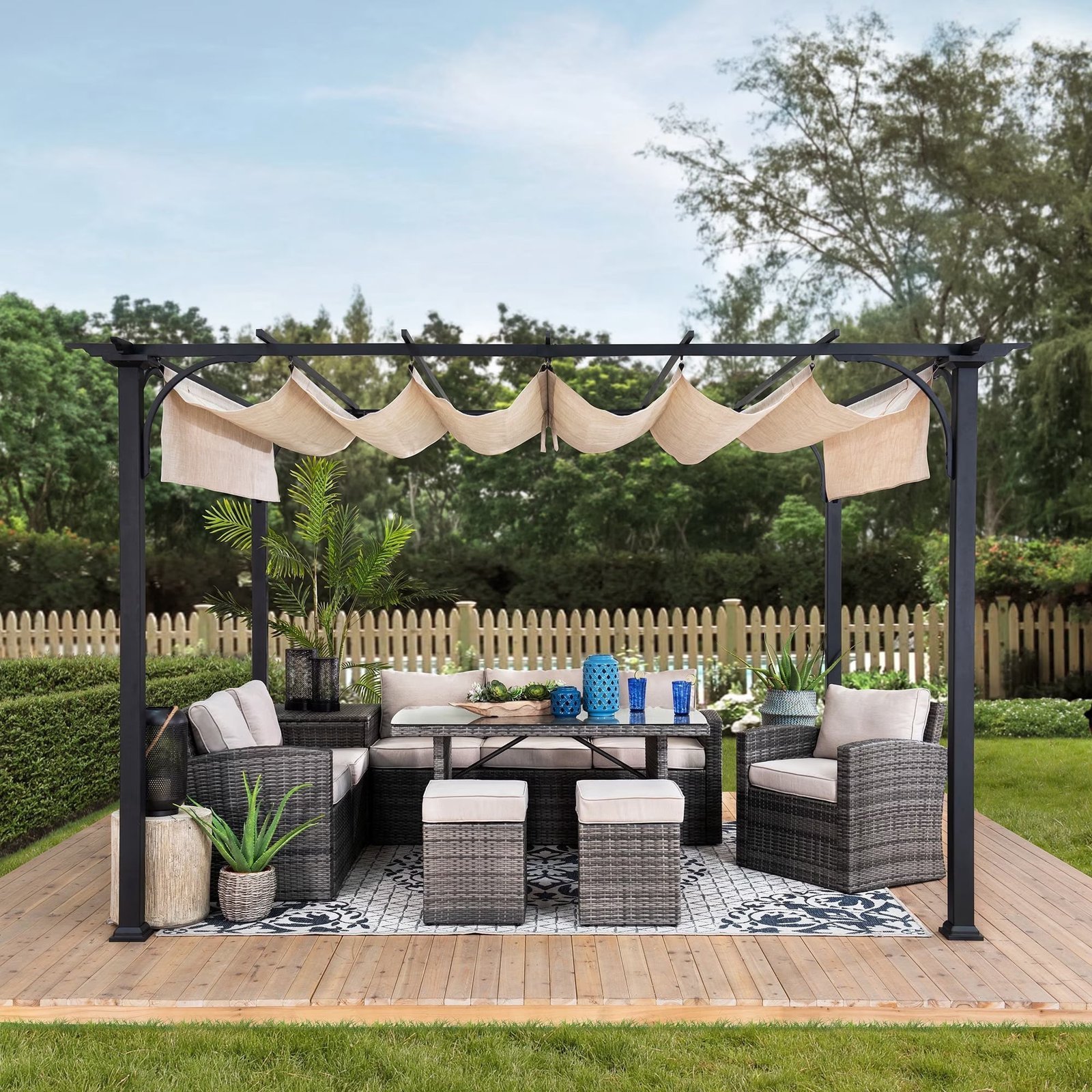 Outdoor Pergola 9 x 12 ft. Patio Black Steel Frame Pergola with Retractable Beige Canopy Shade for Backyard, Garden Activities - Image 5