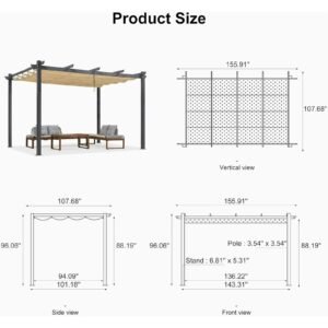 Pergola 9.5′ X 13′ Outdoor Retractable Pergola Against The Wall with Sun Shade Canopy Aluminum Patio Pergola for Porch Garden Yard