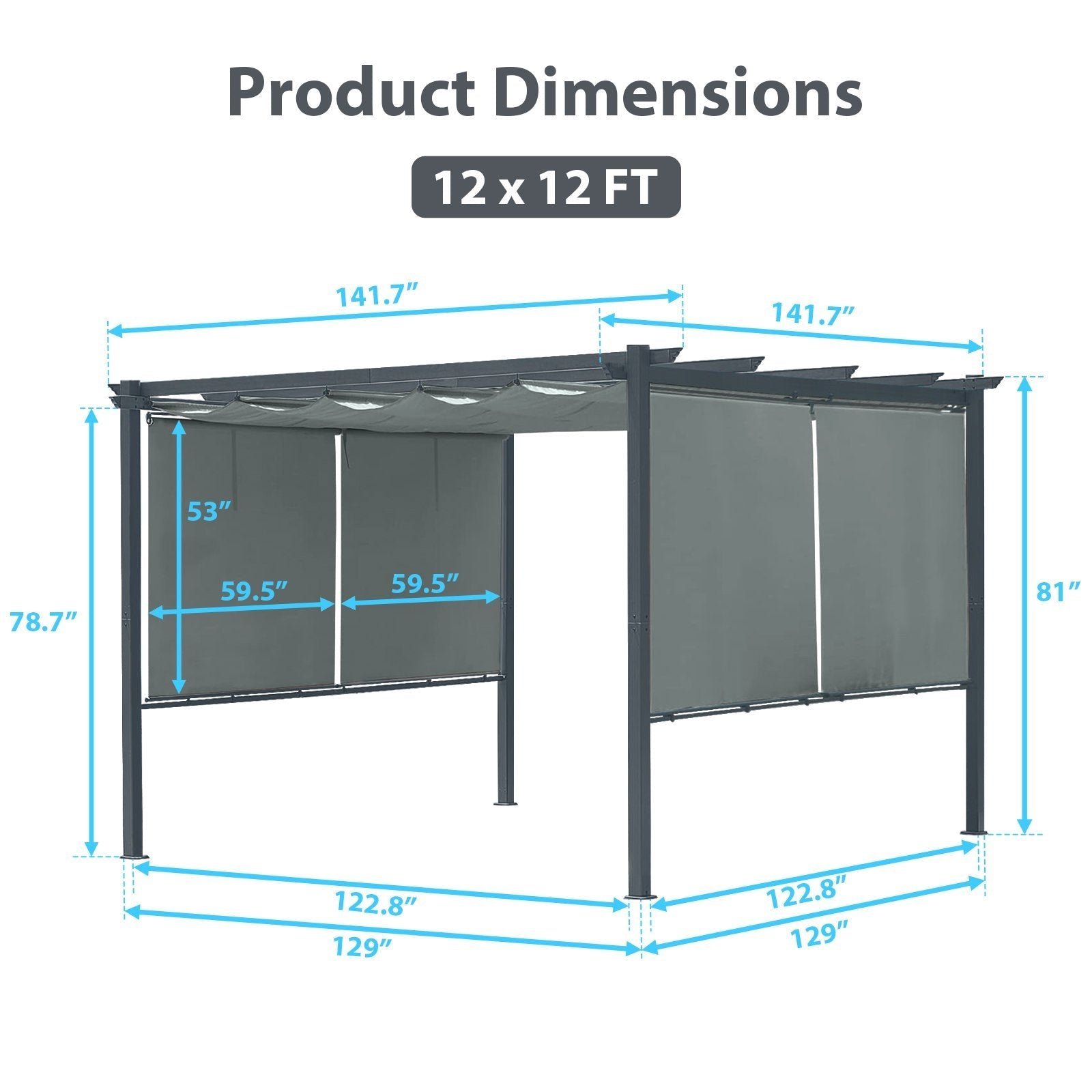 12×12 FT Waterproof Pergola with Retractable Canopy, Dark Gray Aluminum Frame, Roller Shade Curtain for Patio - Image 2