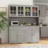 Gray Painted Wood 61.2 in. W Food Pantry Cabinet With Drawers and Adjustable Shelves, Glass Doors, Hutch - Image 8